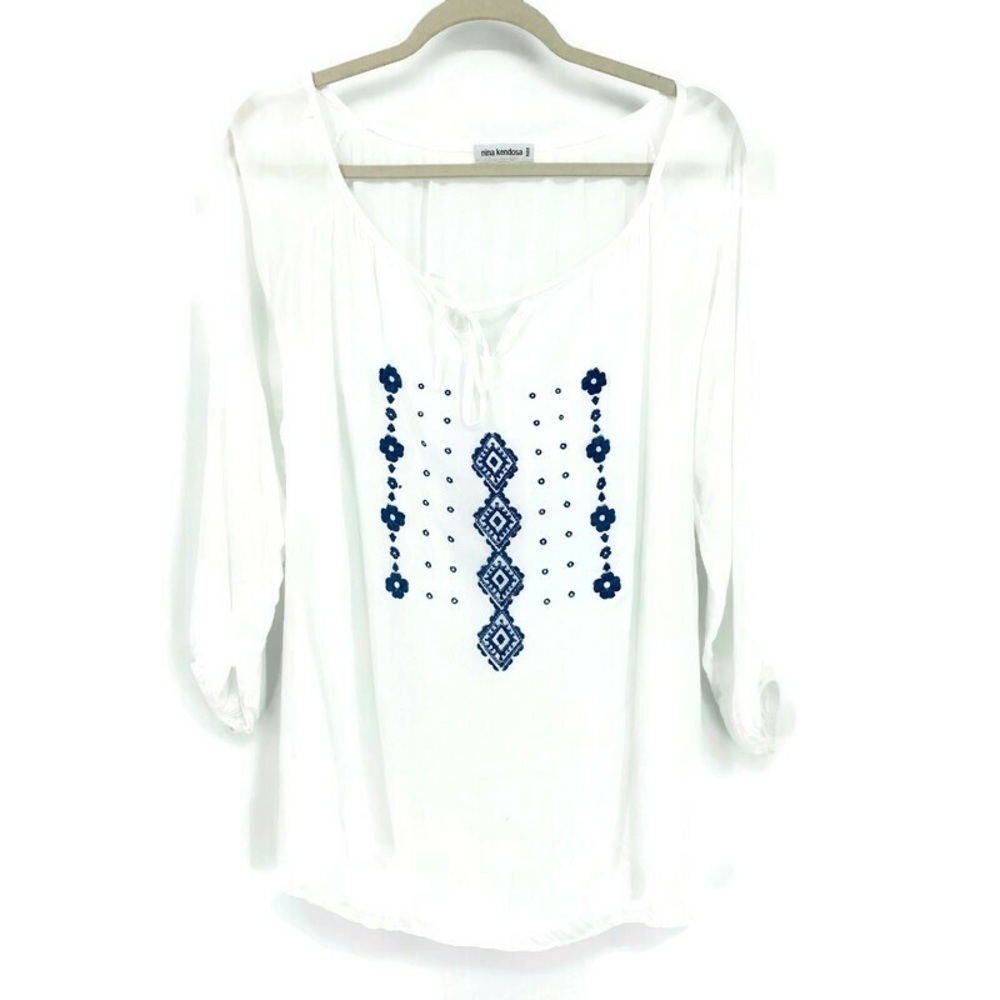 Paris Nina Kendosa Blue Embroidered White 3/4 Sleeve Blouse Cotton
